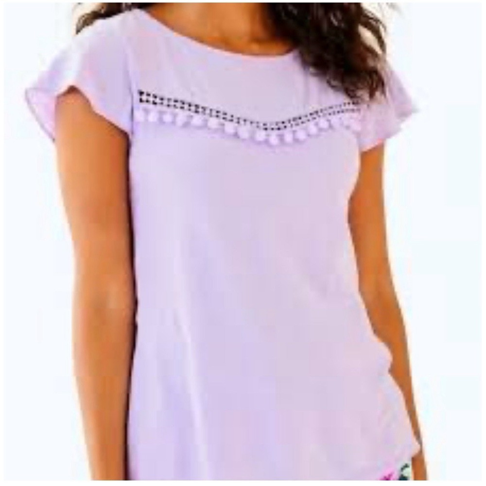 Lilly Pulitzer Florabelle Blouse Lilac  Short Sleeve Crochet Pom Pom Accents‎ XS